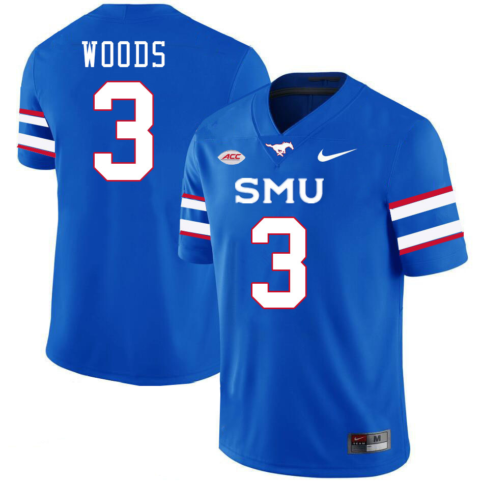 SMU Mustangs #3 Charles Woods Jersey College Football Uniforms-Royal